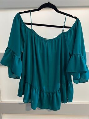 Umgee Teal Off-Shoulder Ruffled Sleeve Blouse